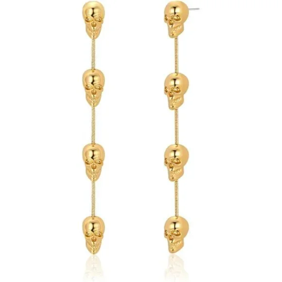 WOWORAMA Gold Skull Earrings | Gothic Hip Hop Halloween Jewelry - Picture 2 of 6
